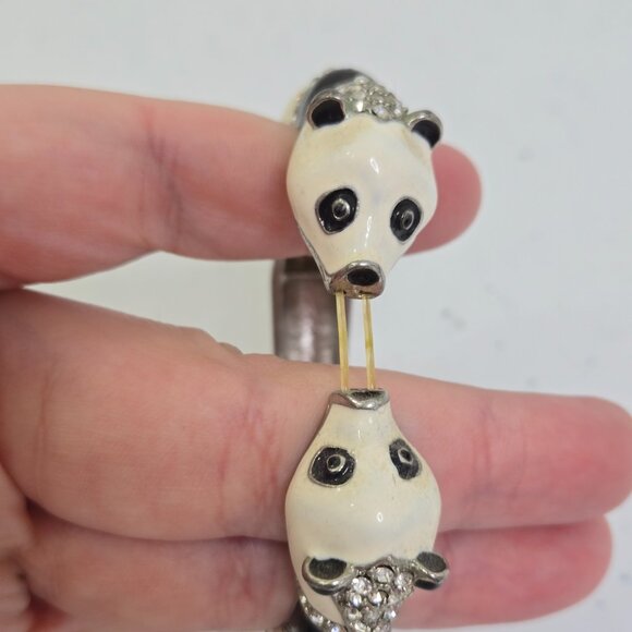 Vintage 80s Panda Bracelet Enamel Rhinestone Stretch Bangle Figural Silver Tone - Picture 7 of 10